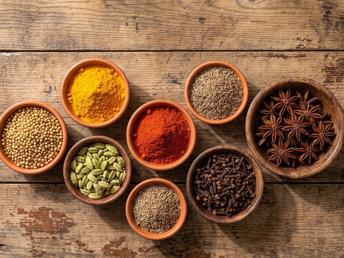 Épices et curcuma dans des bols en terre
